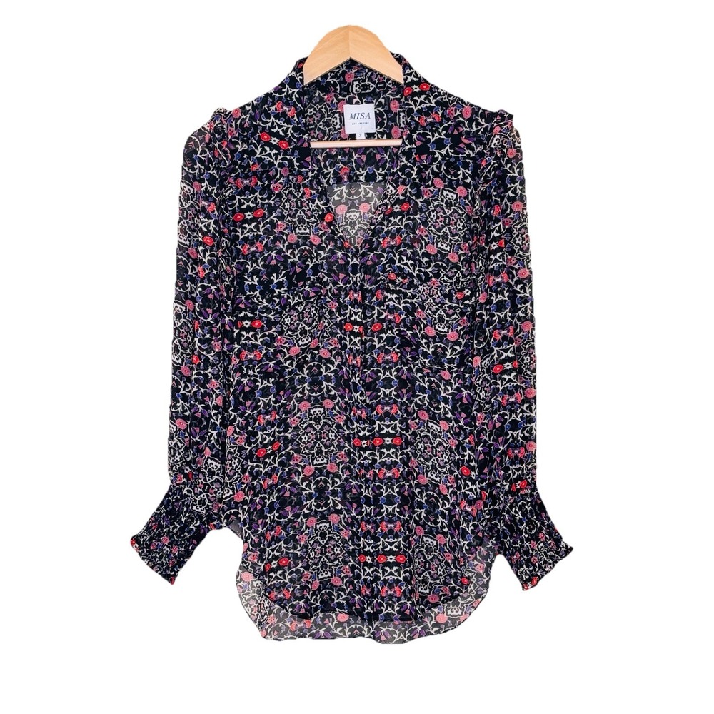 MISA Los Angeles Ruffle Top Womens Size S Floral Sheer Statement Feminine